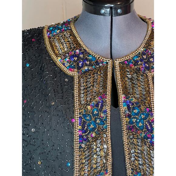 jacket beaded sequins short sleeve 100% silk black purple gold blue glam - Picture 3 of 13